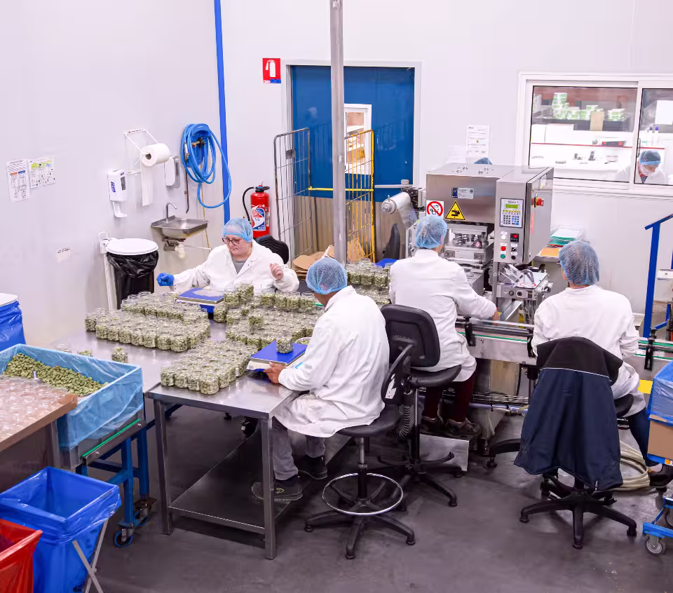 Employés d'APIHA en blouse blanche et charlotte conditionnant des bocaux dans un atelier de production stérile.